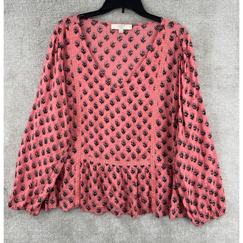 Loft Plus Peplum Blouse Womens 22 Coral Pink Floral Clip Dot Lace Trim Peasant‎